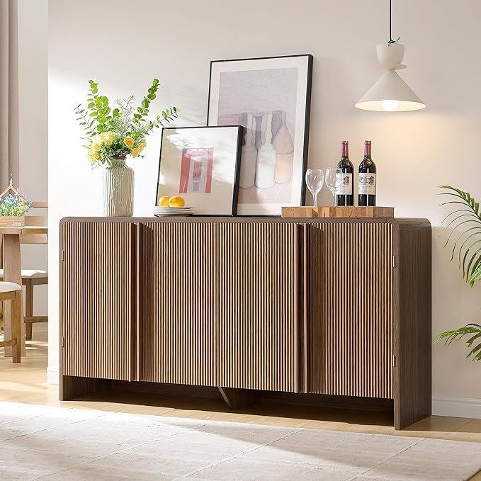 AMERLIFE 63" Fluted Sideboard Buffet Cabinet with Storage, Modern Credenza Console with 4 Doors & Adjustable Shelves, Wood Coffee Bar for Kitchen, Living Room, Hallway, Brown