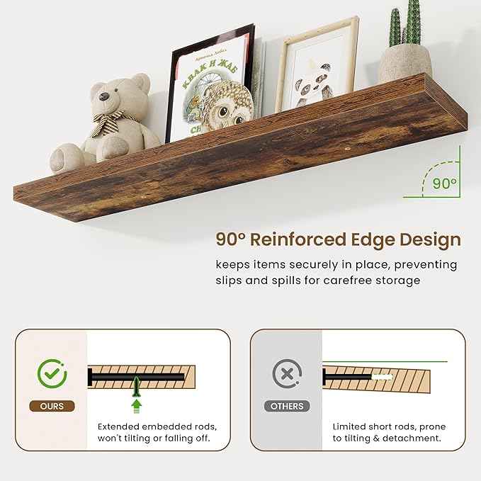 Marsmiles 48in Floating Shelves for Wall, 48" W x 9.25" D x 1.25" H, 2 Pack Long Wall Mounted Engineered Wood Shelves with Invisible Brackets for Living Room, Bedroom, Bathroom, Kitchen, Rustic Brown