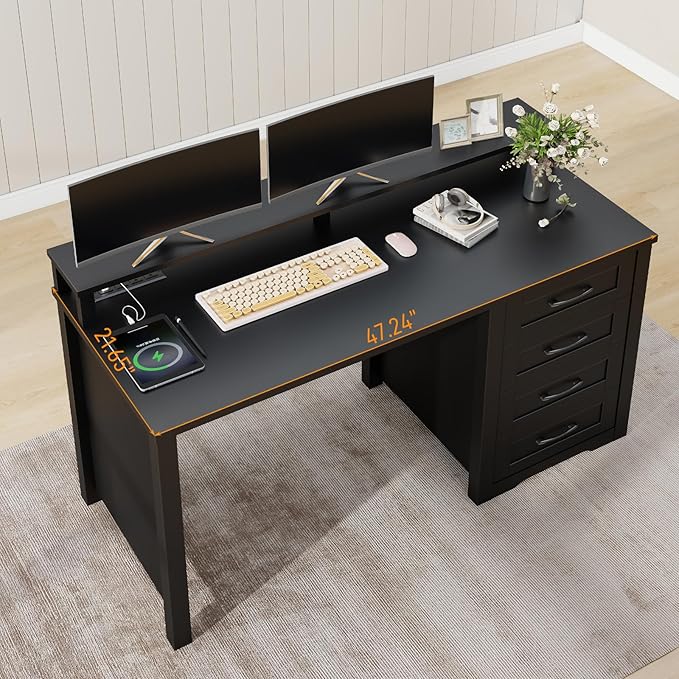 Vabches 47" Farmhouse Executive Desk with Monitor Stand and LED Lights,4 Drawers Computer Desk with Power Outlets,Large Workspace for Work Study Writing.(Pure Black)