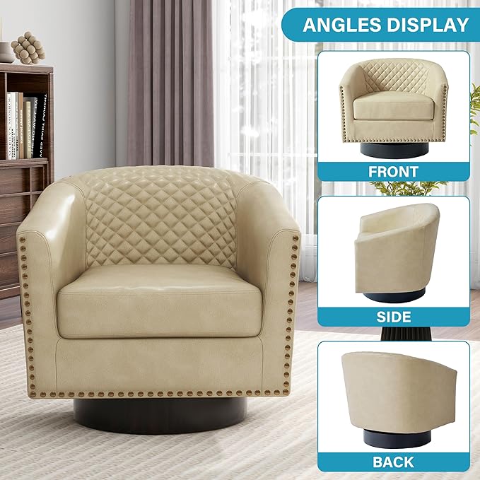 UIXE Swivel Accent Chairs Set of 2, PU Leather Barrel Club Chair for Living Room, Upholstered Round Armchair Comfy Single Sofa Bedroom Reading Seat - Beige