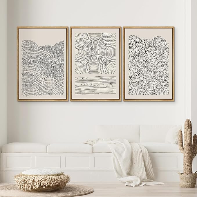 SIGNWIN Framed Canvas Print Wall Art Set Geometric Spiral Ring Wave Pattern Abstract Shapes Cozy Neutral Modern Art Decorative Contemporary Minimal for Living Room, Bedroom, Office - 24"x36"x3 Natural