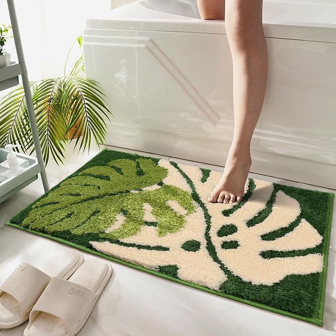 Hi Space Bathroom Rugs Mat 31.5x19.7IN Green Leaves Bath Mat for Bathroom Non Slip Machine Washable Soft Absorbent Cute Bath Rug Plush Bath Carpet for Tub Shower Sink Fluffy Entryway Doormat
