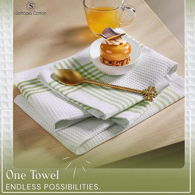 Waffle White & Lemon Green 4 Pack Kitchen Towels, 100% Cotton, 16x26 inches, Everyday Use Dish Cloths Set, Durable and Absorbent Hand Towel, Ideal for Drying Dishes, DIY Embroidery