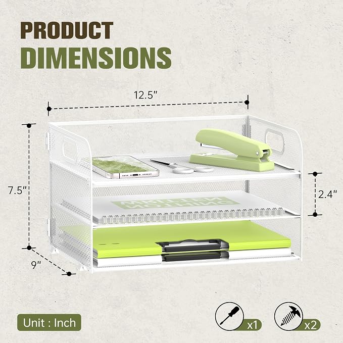 DALTACK 3 Tier Paper Organizer with Handle, Mesh Metal Desk Organizer with Sliding Paper Trays for Letter/A4 Paper, Mail, Bills & Folders, White