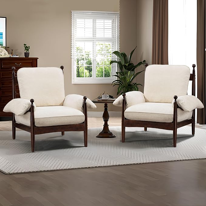 AQO Mid Century Modern Accent Chair with Arms, Upholstered Spindle Chair with Wood Frame, High-Resilience Sponge Cushion for Living Room Bedroom Office