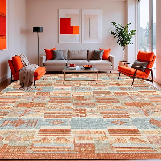 Flatwoven High Traffic Area Rug 4x6, Modern Farmhouse Geometric Terracotta Design, Non Slip, Stain Resistant, Washable Area Rugs for Living Room, Bedroom (Orange, 4x6)