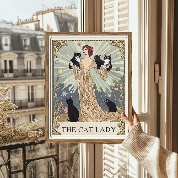 Funny Cat Lady Tarot Card Wall Art Vintage Black Cat Woman Wall Decor Picture, Cute Animal with Girl Poster Painting Canvas Print for Bedroom Living Room 16x24 inch Wood Framed