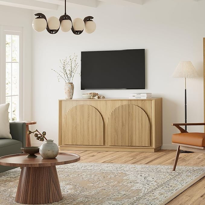 win2win Fluted Sideboard Buffet Cabinet with Storage, 65" Modern Accent Cabinet with Double-Layered Arch Doors, Wood Boho Media TV Console Table Credenza for Living Dining Room Hallway Entryway, Oak