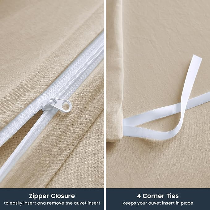 Wake In Cloud - Cotton Duvet Cover Set, 100% Washed Cotton, Linen Like Textured, Breathable Durable Comfy Farmhouse Neutral Bedding Set, 3 Pieces, Khaki Linen, Twin/Twin XL Size