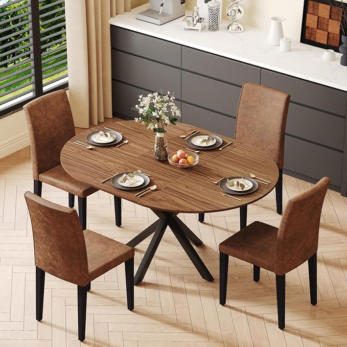 Round Dining Table Set for 4, 43-59" Extendable Dining Room Table Set, Walnut Wood Grain Table and 4 Brown Suede Upholstered Chairs Set, Mid Century Modern Kitchen Table Set with Cross Legs