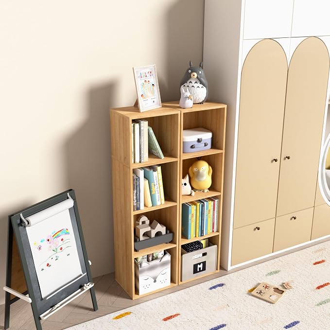 4-Tier Wooden Cube Storage Organizer, 42 Inch Tall Bookcase & Display Shelf with 4 Open Cubes, Freestanding DIY Closet Shelving Unit for Living Room Bedroom Office (Oak, 4 Cube-W(11.8inch)