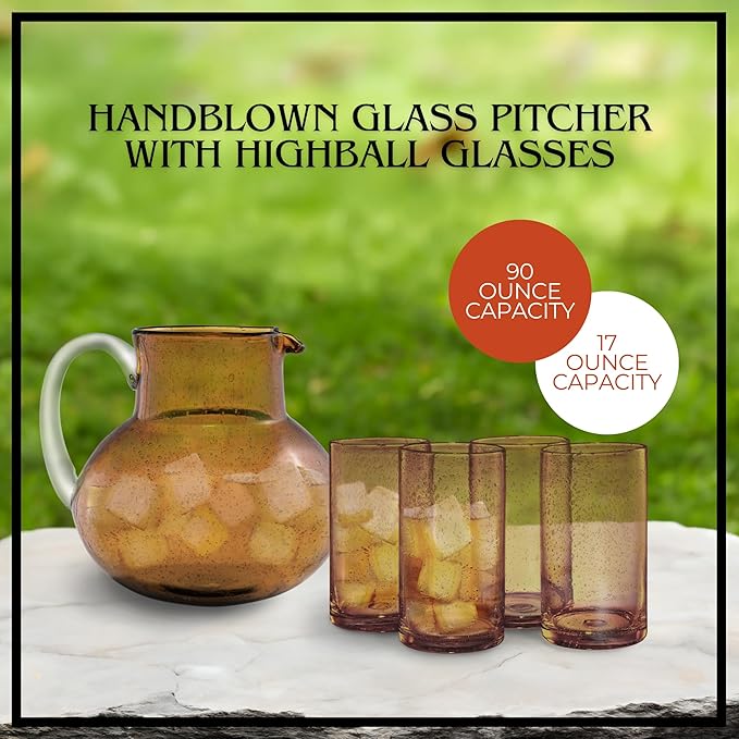 ARTLAND Iris 90oz Glass Pitcher & 17oz Highball Glasses (Set of 4) - Handcrafted Drinkware, Unique Bubble Design, Lead-Free Glass for Serving Beverages, Home Dining, Entertaining Essentials (Amber)