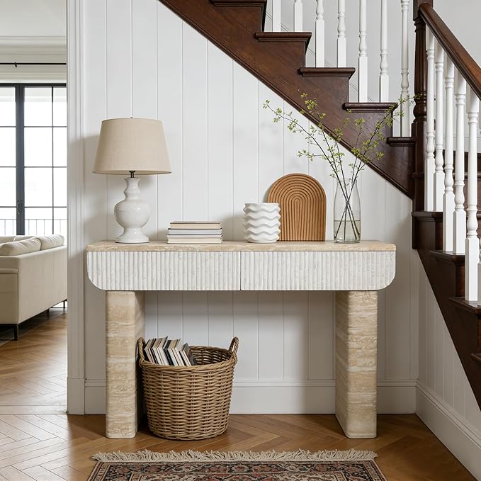Faux Mars Marble Pattern Console Table with 2 Drawers, 47.2" Skinny Long Sofa Table Behind Couch with Rounded Edges, Wooden Narrow Sofa Table Hall Table for Living Room Foyer Entrance, Marble