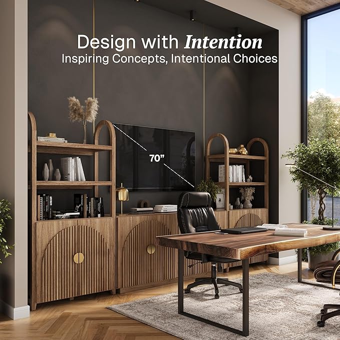 BELLEZE 4-Piece Modular Arched TV Stand Entertainment Center Set, Mid Century Modern 2 Piece 72″ Tall Storage Cabinets and 2 piece 65″ Fluted TV Console for Living Room(Caramel Brown)