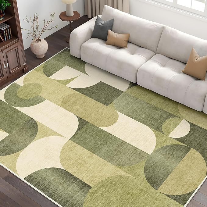 6x9 Area Rugs Green Washable Rug for Living Room Bedroom,Large Modern Geometric Non Slip Carpet for Kitchen Dining Room