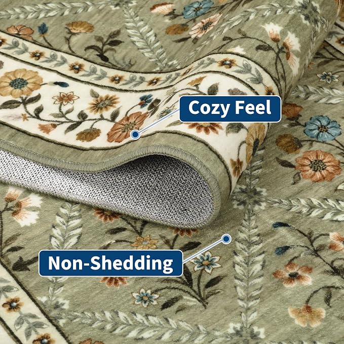 GarveeHome Floral Washable Entryway Rug Non-Slip 2x3 Front Door Mat Vintage Low-Pile Small Area Rugs Soft Non-Slip Indoor Stain Resistant Entry Mat for Entrance Bedroom Bathroom Green