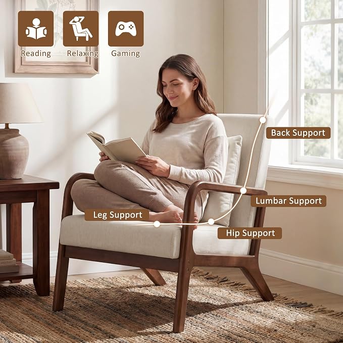 Mid Century Accent Chair with Solid Wood Frame Set of 2, Upholstered Lumbar Pillow Lounge Chair Beige Linen Fabric Cozy Leisure Chair Relaxing Walnut Living Room Chair for Bedroom Waiting Room