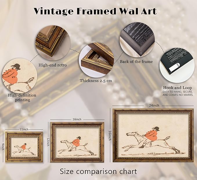 Vintage Gold Framed Hunting Equestrian Canvas Wall Art Horse and Rider Wall Decor Riding Horse painting Picture Retro Rustic Farmhouse print artwork for Farmhouse Bedroom Living Room 9X11in