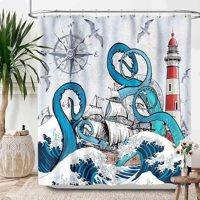 Nautical Octopus Shower Curtain,Navy Blue Funny Ocean Kraken Shower Curtains for Bathroom Anchor Coastal Map Waterproof Fabric Bath Curtain Decor with Hooks,72x84Inch