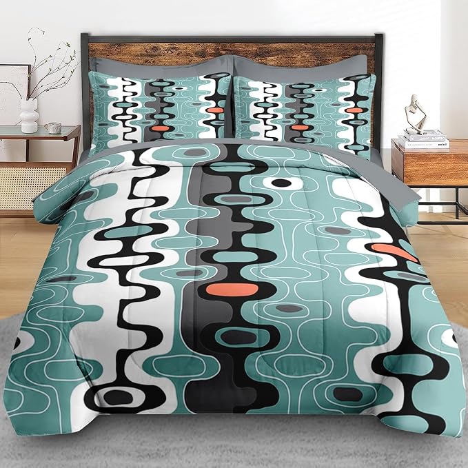 Pamnest Comforter Set Full Size, Mid Century Retro Stripe 7 Pcs Bedding for Kids and Adults, Vintage Geometric Cool Bed Sheet Sets with Fitted Sheet 2 Pillowcases & 2 Shams for Bedroom Bed Decor