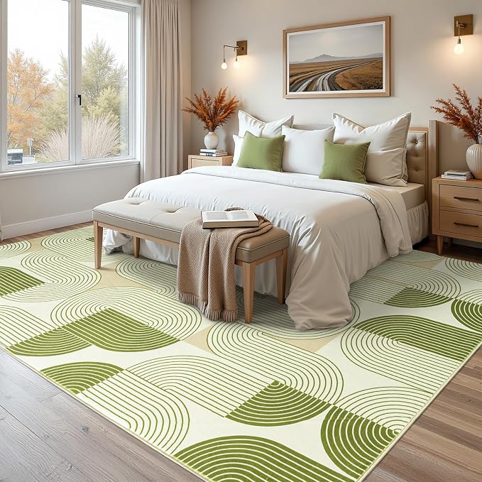 9x12 Area Rugs for Living Room, Washable Green Rug for Bedroom, Soft Mid Century Modern Rug, Non Slip Indoor Floor Low Pile Abstract Carpet for Dining Room Nursery Office Home