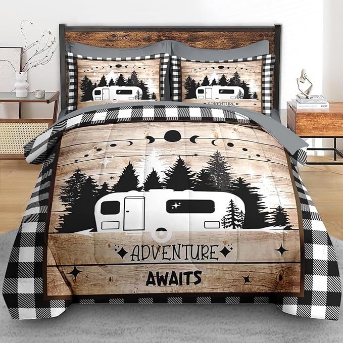 Pamnest Comforter Set Twin Size, Camping Camper Rv 5 Pcs Bedding for Kids and Adults, Car Family Bed Sheet Sets with Fitted Sheet Pillowcase & Sham for Bedroom Bed Decor