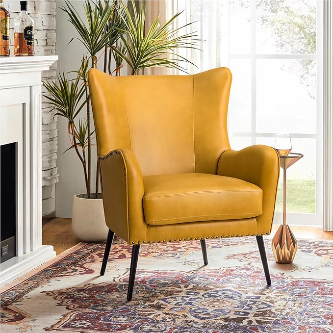 HULALA HOME Faux Leather Accent Chair with Removable Cushion, Comfy Upholstered Armchair with Black Metal Legs & Nailhead Trim Wingback Vanity Chair for Reading Living Room Bedroom, Yellow