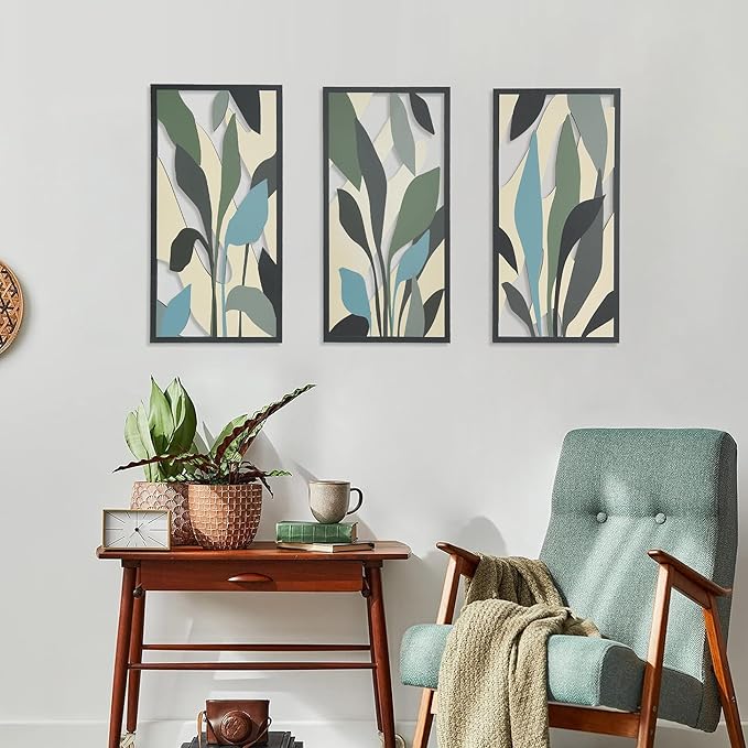 Boho Wall Art Decor for Living Room, 3D Textured Botanical Tropical Leaf Wood Framed Artwork, Mid Century Modern Farmhouse Wall Decor for Bedroom Office (Tropical Plant Theme - 15.7 x 7.87 inch)