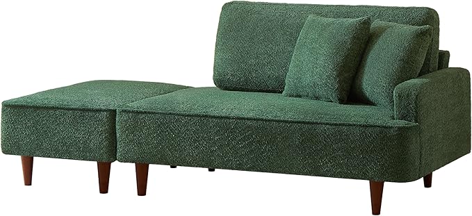 GDFStudio Upholstered Chaise Lounge Chair Indoor with Ottoman, Boucle Fabric Chaise Chair with 2 Throw Pillows and Solid Wood Legs, Recliner Lounge Chair for Office Living Room Bedroom, Green