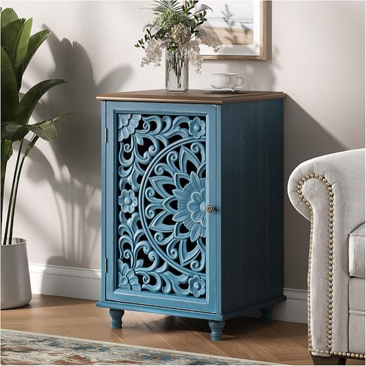 JOINICE Small Accent Cabinet with Carved Mandala Door,Storage Cabinet with Solid Wood Legs & Adjustable Shelf,Boho Distressed End Table for Living Room,Bedroom, Entryway Side Table(Blue & Walnut)