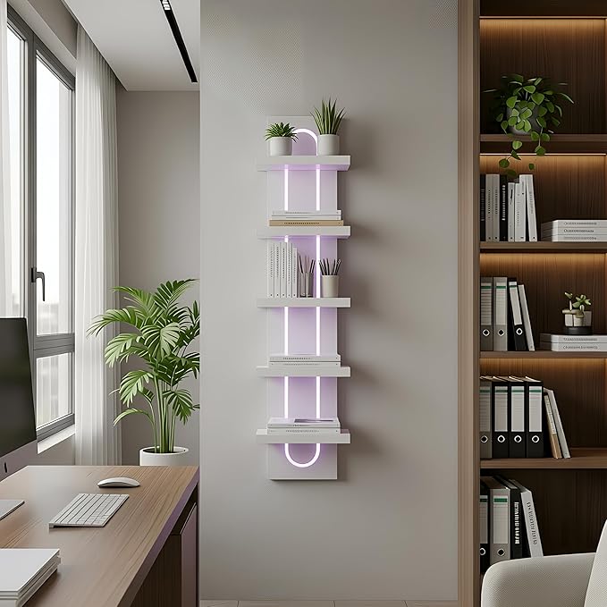VIWODS 5 Tier Wall Shelf Unit with Light-Small Floating Shelves for Home Decor, Modern Unique Asymmetric Design for Bedroom & Living Room Storage