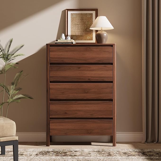 Walnut 5 Drawer Dresser for Bedroom, Modern Tall Dresser with Hidden Handles, Space-Saving Wooden Drawer Organizer, Living Room, or Hallway, Vertical Storage Chest of Drawers, 45.7" H