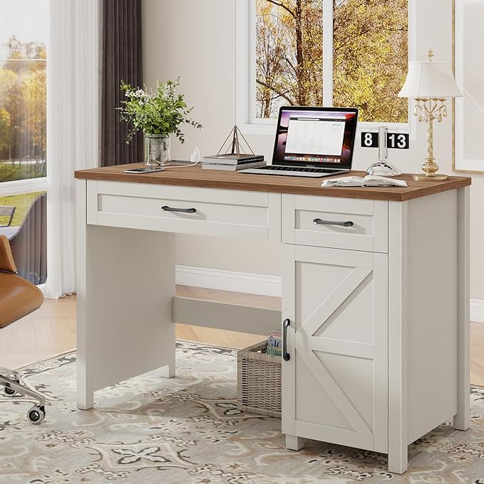 Vabches Farmhouse 47" Executive Desk, Computer Desk with Drawers and Storage Cabinet, Workstation Computer Desk for Home Office and Study.(Unique White)