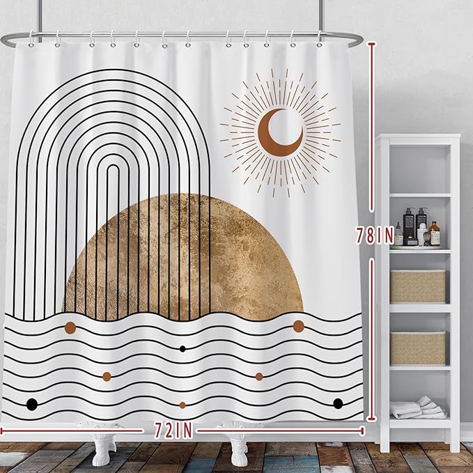Baocicoo Boho Mid Century Shower Curtain Abstract Wave Shine Crescent Abstract Sun and Moon Shower Curtain for Bathroom Cubicle Durable Fabric Waterproof Curtain for Bathroom with Hooks 72x78 Inches