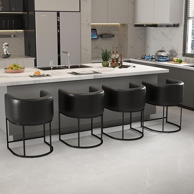 PU Leather Bar Stools Set of 4, Modern Upholstered Counter Height Bar stools 24" Leather Barstools Barrel Kitchen Counter Island Stools with Black Metal Base, Black