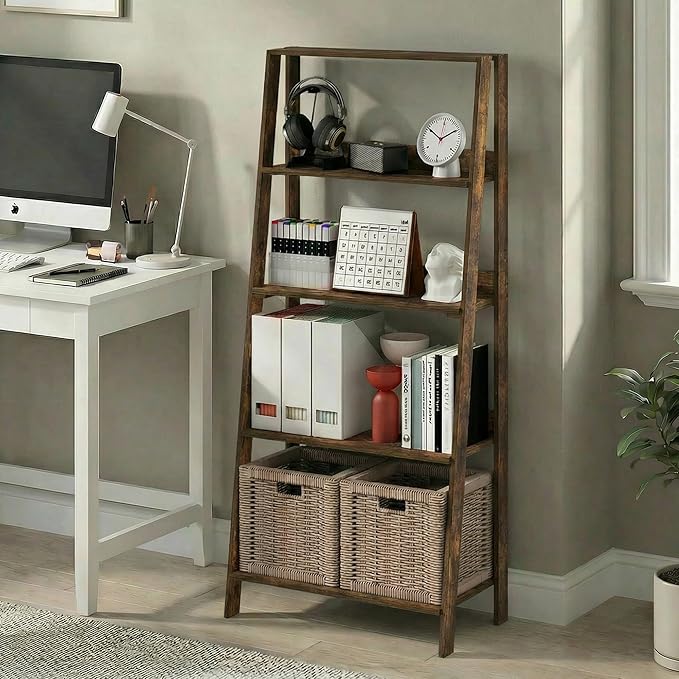 Furinno Ladder Book Shelf, 5-Tier Leaning Standing Shelf, Open Frame Design Bookshelf, Display Storage Shelves, 13 x 23.6 x 53.5, for Living Room, Home Office, Amber Pine