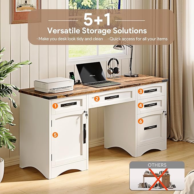 Decofy Farmhouse Executive Desk with Drawers, 55" Home Office Desks with Fast Charging Station, Lockable File Cabinet, Wood Writing Computer Desk for Work, Study, White