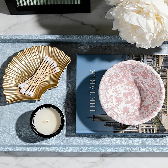 2 Pack Large Ottoman Tray Shagreen Decorative Tray Serving Tray with Acrylic Gold Handles, Ice Blue Vegan Leather Coffee Table Tray for All Occations Home Decor