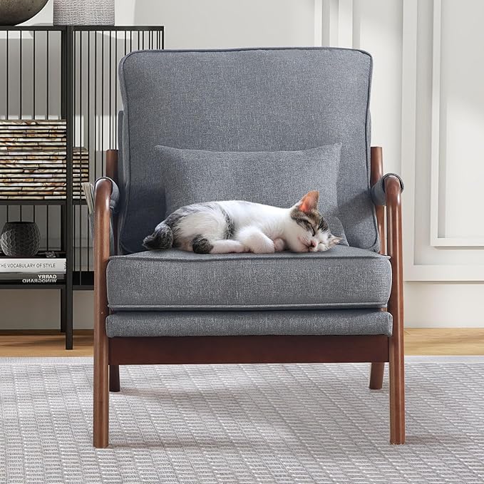 ANJ Mid Century Modern Accent Chair, Lounge Reading Armchair with Extra Side Pocket & Detachable Cushion, Comfy Fabric Accent Chairs for Living Room, Bedroom,Grey
