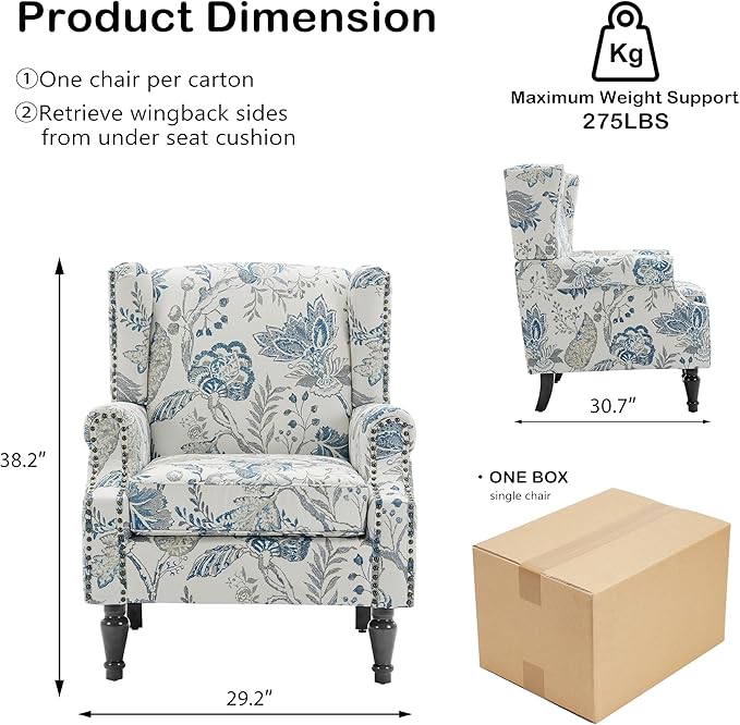 Wingback Chair, High Back Floral Accent Chair in Fabric, Comfy Upholstered Armchair with Nailhead Trim for Living Room, Single Sofa Reading Chair for Small Spaces, Bedroom-Plants Blue