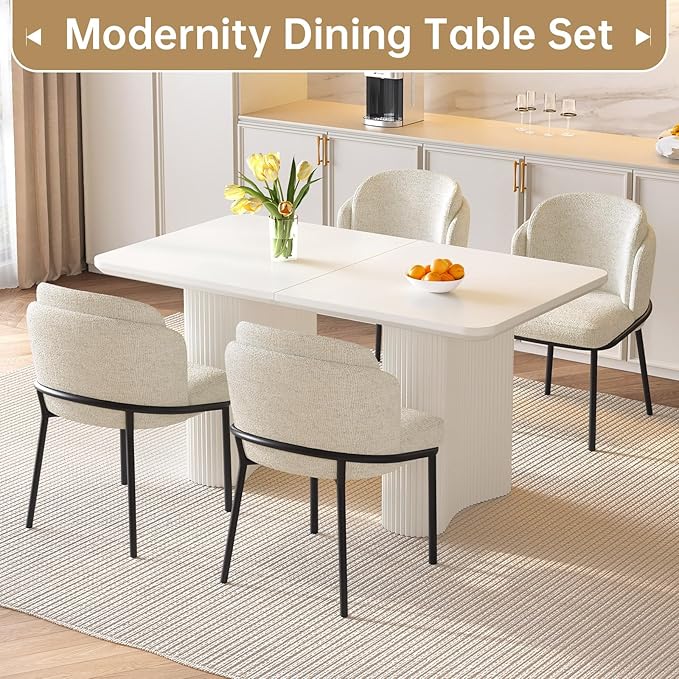 Dining Table Set for 4, 55.11" Rectangular Kitchen Table with 4 Chairs, 5-Piece Dining Set with Spacious Top & Waved Legs for Kitchen, Living Room, Home, Apartment, White