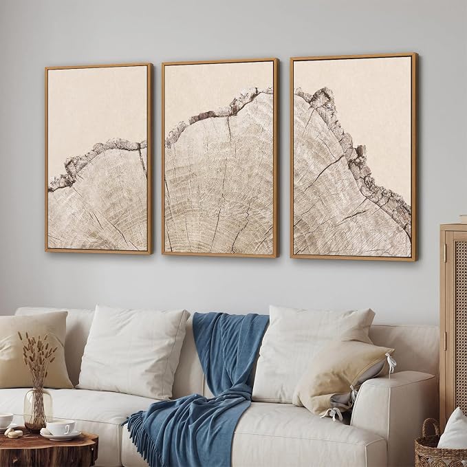 SIGNINART Large Tree Ring Framed Canvas Wall Art Set, Rustic Beige Nature Wooden Wall Decor, Neutral Wood Stump Artwork, Modern Art Prints for Bedroom Living Room Office 24"x36"x3