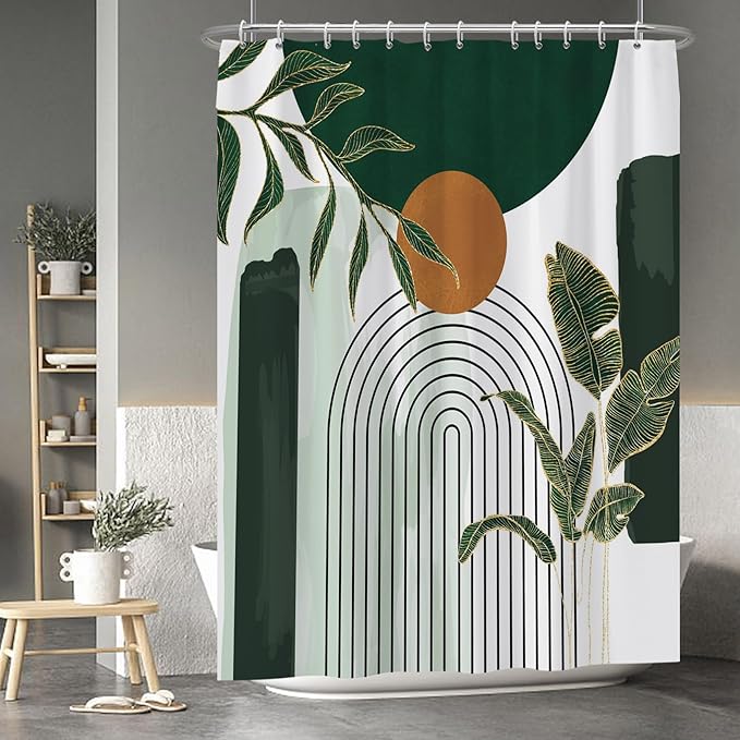 Baocicoo Abstract Mid Century Shower Curtain Bohemia Tropical Leaf Modern Minimalist Bathroom Green Bath Accessory Art Decor Fabric Durable Shower Curtain with Hooks 72x96 Inches