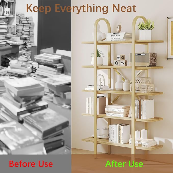Wide Bookshelf Arched Bookcase, Industrial 5 Tier Open Book Shelves with Metal Frame, 72" Tall Freestanding Heavy Duty Display Rack for Home Office, Living Room,Nature Wood & Gold,Easy Assembly