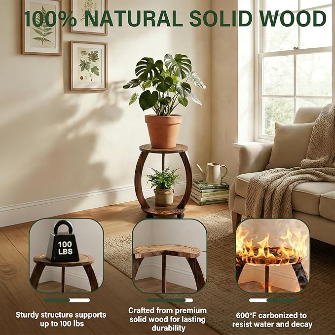 2 Tier Wooden Plant Stand Indoor with Wheels – Tall Plant Stand for 6-12 Inch Pots, Mid-Century Modern Rustic Plant Table Indoor, Pedestal Stand for Corner, Living Room, Balcony
