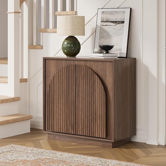 win2win Fluted Sideboard Buffet Cabinet with Storage, 31.5" Mid Century Modern Accent Cabinet with Double-Layered Arch Door, Small Wood Console Credenza for Dining Living Room Entryway, Walnut, 3PCS