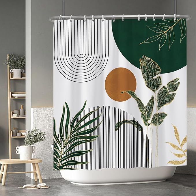 Baocicoo Boho Mid Century Shower Curtain Abstract Sun Green Banana Leaves Curve Aesthetic Shower Curtain for Bathroom Cubicle Living Room Waterproof Curtain for Bathroom with Hooks 72x78 Inches