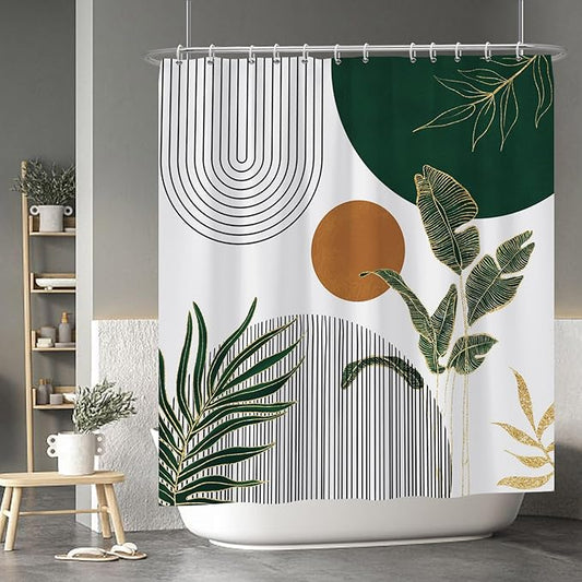 Baocicoo Boho Mid Century Shower Curtain Abstract Sun Green Banana Leaves Curve Aesthetic Shower Curtain for Bathroom Cubicle Living Room Waterproof Curtain for Bathroom with Hooks 72x78 Inches