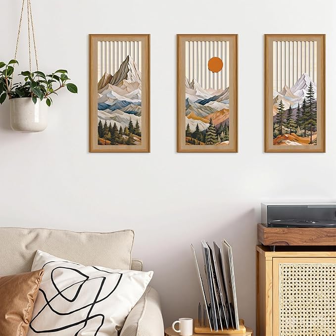 Celestdeco Boho Abstract Mountain Wood Wall Art Modern Geometric Artwork Bohemian Sun Forest Wood Wall Decor Mountain Tree Hanging Decor for Living Room Bedroom 7.9 x15.8 Inch