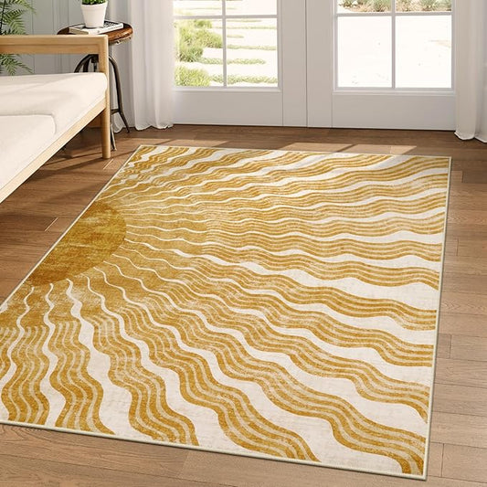 Hedlive Boho Washable Rugs 5x7, Sun Print Soft Nursery Rug for Bedroom Classroom, Ultra-Thin Non Slip Stain Resistant Kids Carpet for Living Room Office(5'x 7',Gold/Multi)